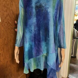 Indigo Soul XL Blue Green Tie-Dye Rhinestone Tunic Top